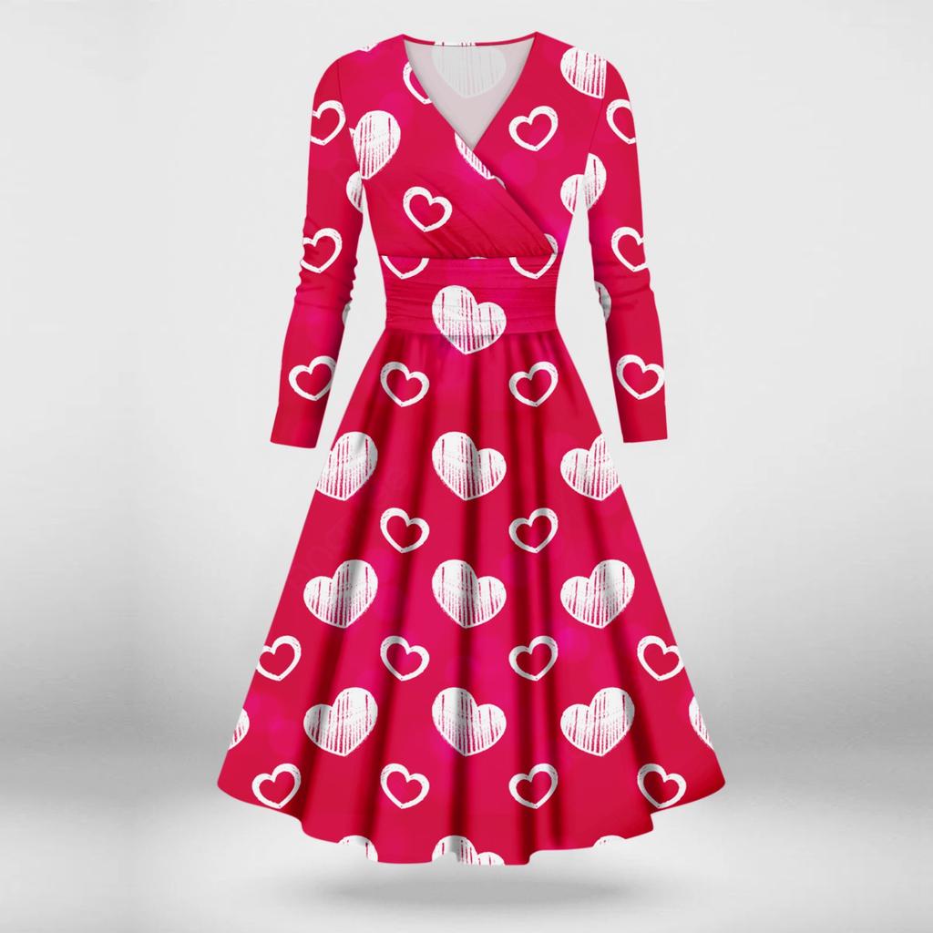 Женская мода повседневное сексуальное платье с длинным рукавом и v-образным вырезом с принтом ко Дню святого Валентина