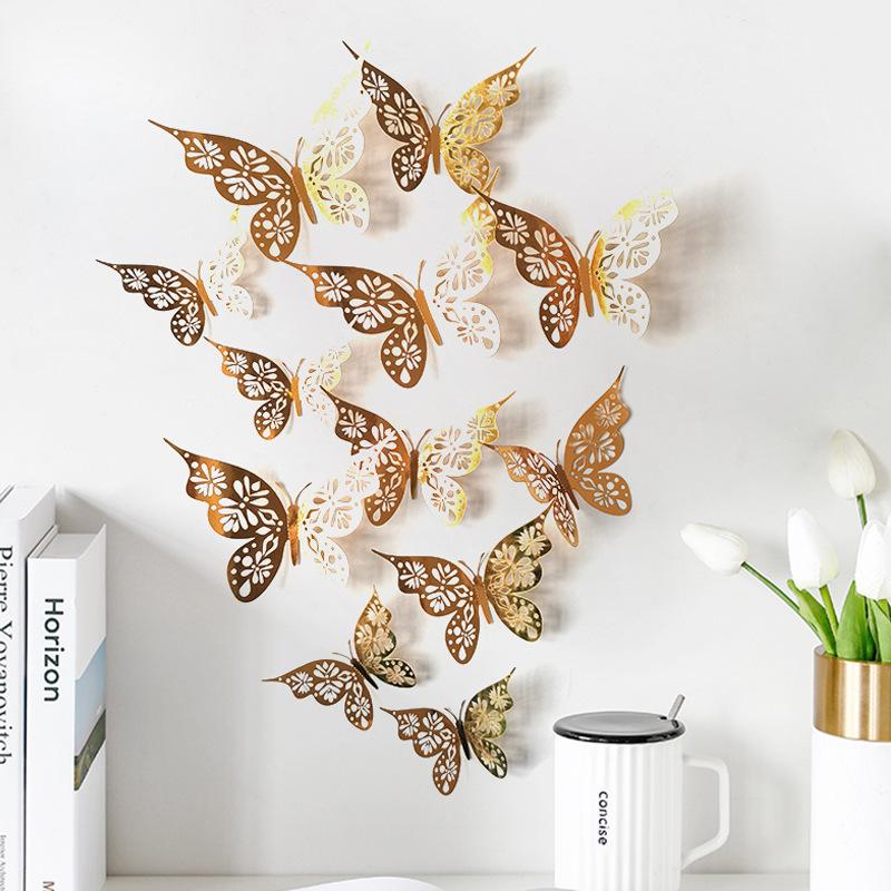 12 Pieces 3D Hollow Butterfly Wall Sticker Bedroom Living Room Home Decoration Paper Butterfly