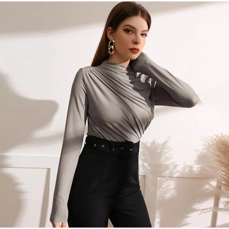 Autumn Women Long Sleeve Elastic Pure Color Going Out Tops Ruched Fashion Elegant Softy Slim Crop Top