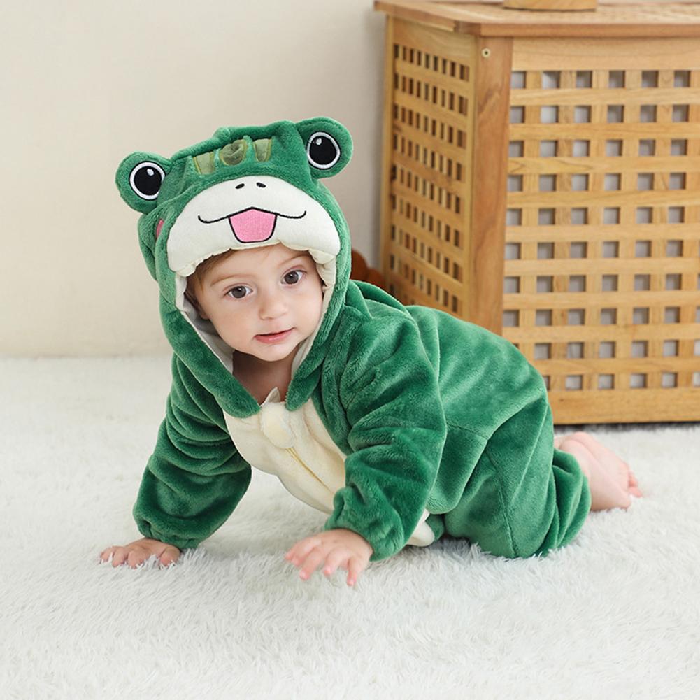 Lovely Kids Frogs Flannel Pajamas Zipper Hooded Children One Piece Pajamas Breathable Cartoon Autumn Winter Home Night Clothes