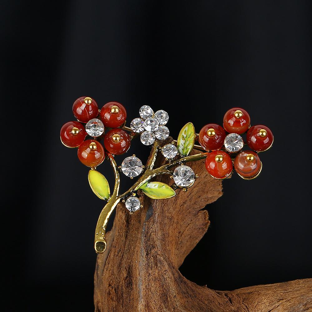 Retro Natural Agate Brooch High-end Classical Temperament Literary and Versatile Plant Pin Coat Cardigan Corsage Accessories