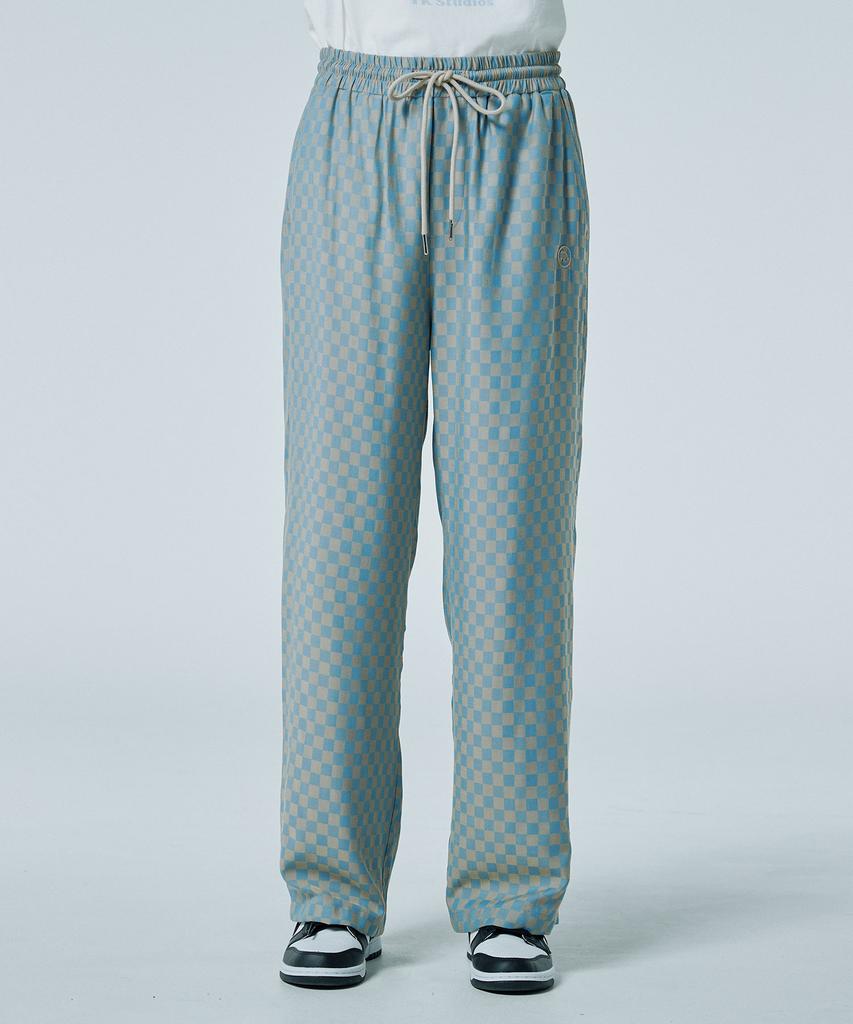 WAIKEI Checkerboard Elastic Waist Long Pants Beige Sky Blue