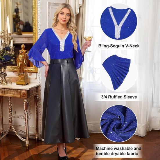 Женские топы с оборками и рукавами 3/4, блестящие, с пайетками, с V-образным вырезом, повседневные блузки, нарядные платья для осени и лета, с блестками, для свадьбы, для бизнеса, рабочие рубашки