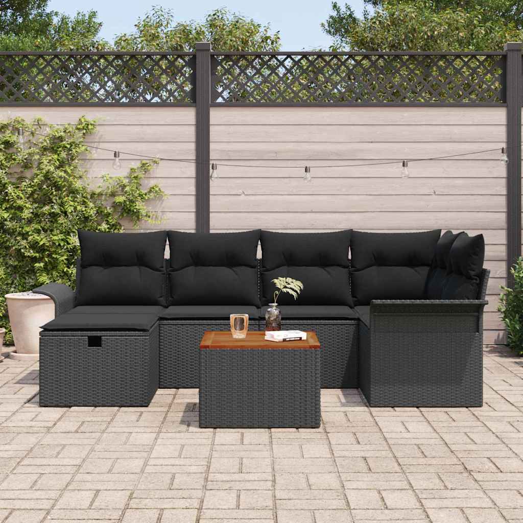7 Piece Garden Sofa Set with Cushions Black Poly Rattan