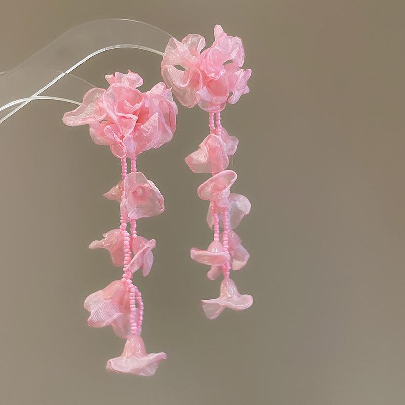 Серьги с кисточками в виде цветов из шифона "Серебряная игла", Милый стиль Мори, Дофаминовый тренд, Универсальные женские серьги