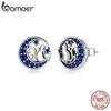 Genuine 925 Sterling Silver Cat On the Moon Round Stud Earrings for Women Ear Pins Jewelry