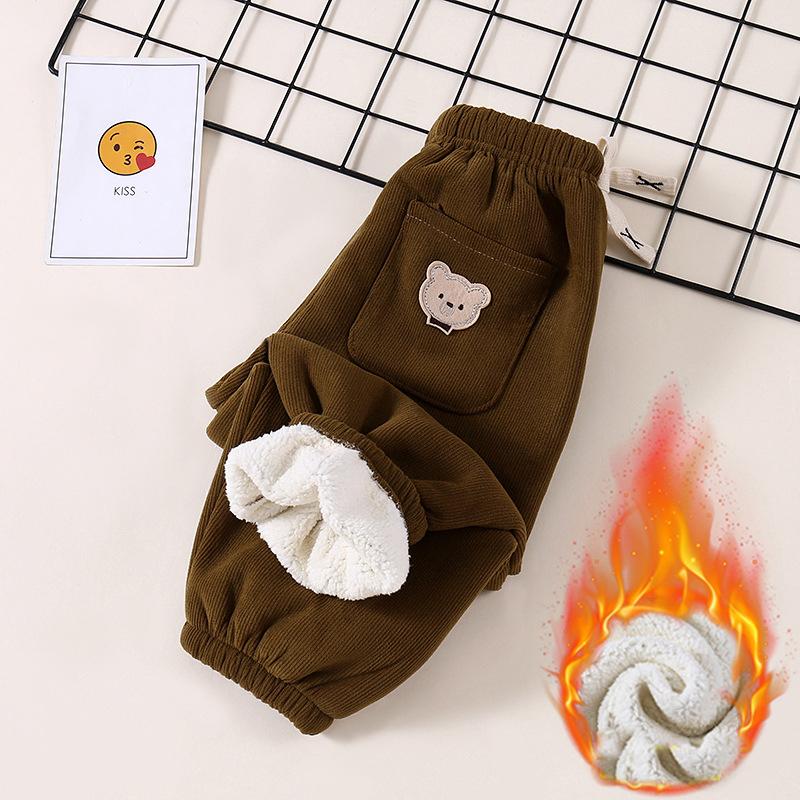 Детские теплые брюки осень-зима для девочек утепленные брюки для маленьких мальчиков с милым принтом медведя детские повседневные шаровары