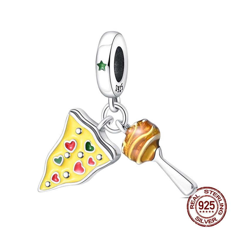 Real 925 Sterling Silver Chocolate Pizza Cake Fries Food Charms Beads Fit 925 Original Bracelets DIY Cute Jewelry Gifts