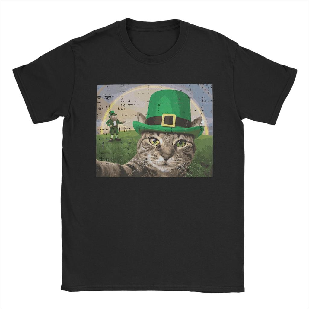 St Patricks Day Cat Selfie with Leprechaun Funny Photo T Shirt Beach Cotton T Shirts For Unisex Harajuku Casual Tee Shirt