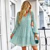 Women Floral Lace Up Long Sleeve V Neck Loose Dress Printed Spring Autumn Holiday S-XL