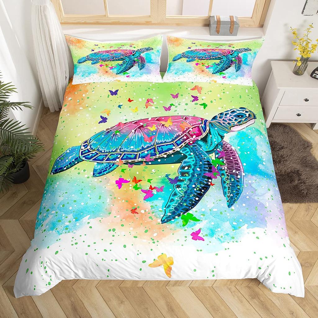 Turtle Butterfly And Flower Duvet Cover For Kids Boys Girls Lightweight Quilt Cover With 2 Pillowcase Cartoon Turtle Bedding Set