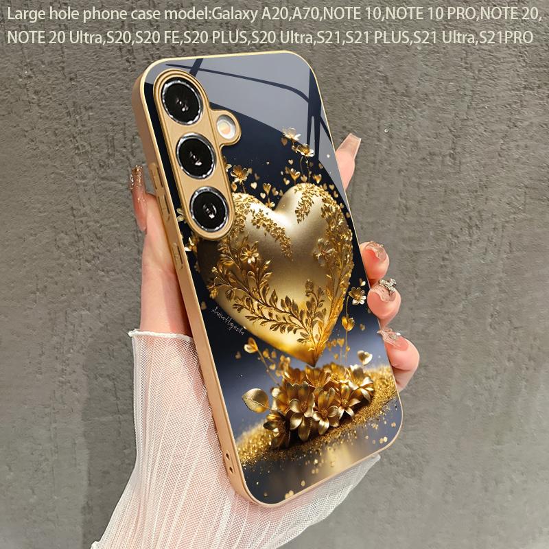 2D чехол для телефона Samsung S26 S25 S24 S23 S22 S21 S20 A56 A36 A16 с золотым сердцем и цветочным узором - Золотой стеклянный защитный чехол