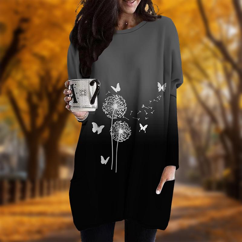 Новинка осени с принтом бабочек и одуванчиков. Платье больших размеров для женщин с круглым вырезом и длинными рукавами. Повседневные платья с карманами.