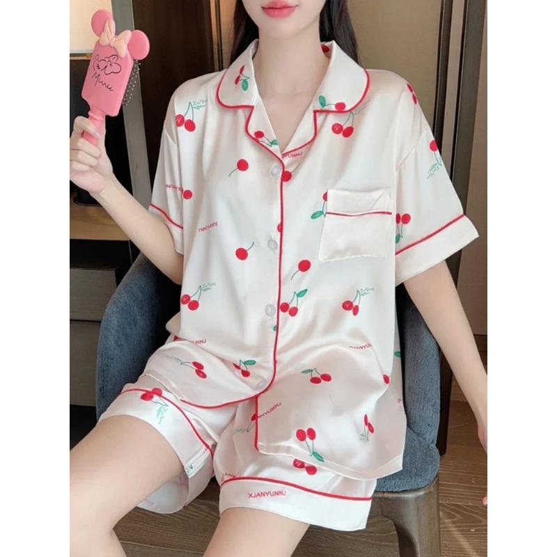 Faux Silk Women's Flower Pajamas Set Button Down Top & Shorts 2 Pieces Set Satin Nightwear Loungewear for Summer Sleepwear