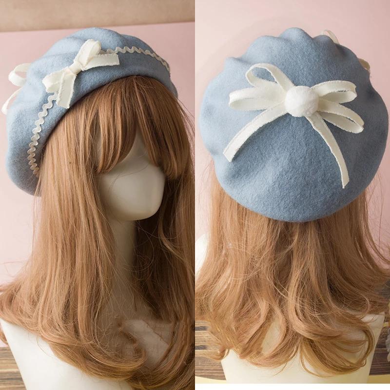 Handmade Women Wool Felt Beret Lolita Girls Cute Hat With Raised Bowknot Painter Beanie Cap