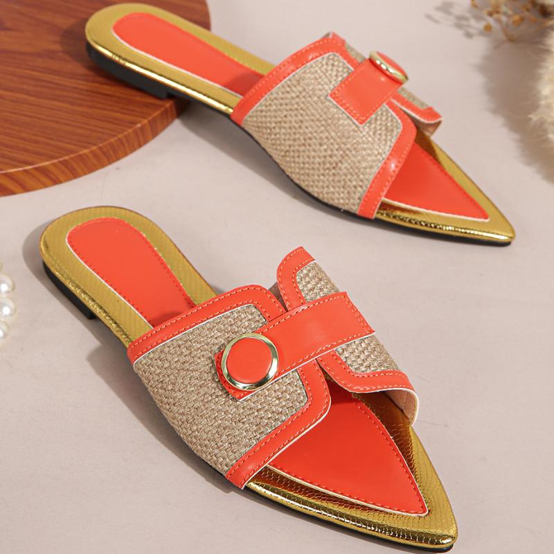 Fashion Metal Decoration Pointed Toe Flat Sandals Women Patchwork Designer Shoes Summer Comfortable Non-slip 36-43 Large Size Beach Shoe