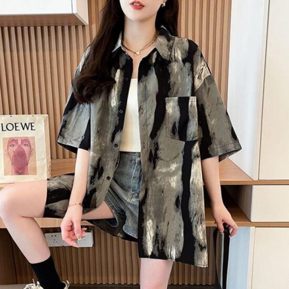 Navava Retro Water Ink Pattern Oversized Short Sleeve Shirt Nb2640