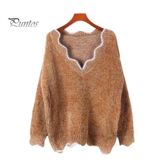 Женский свитер с длинным рукавом, свободный крой, V-образный вырез, вязаный свитер, женский повседневный джемпер, пуловер, топ для осени и зимы