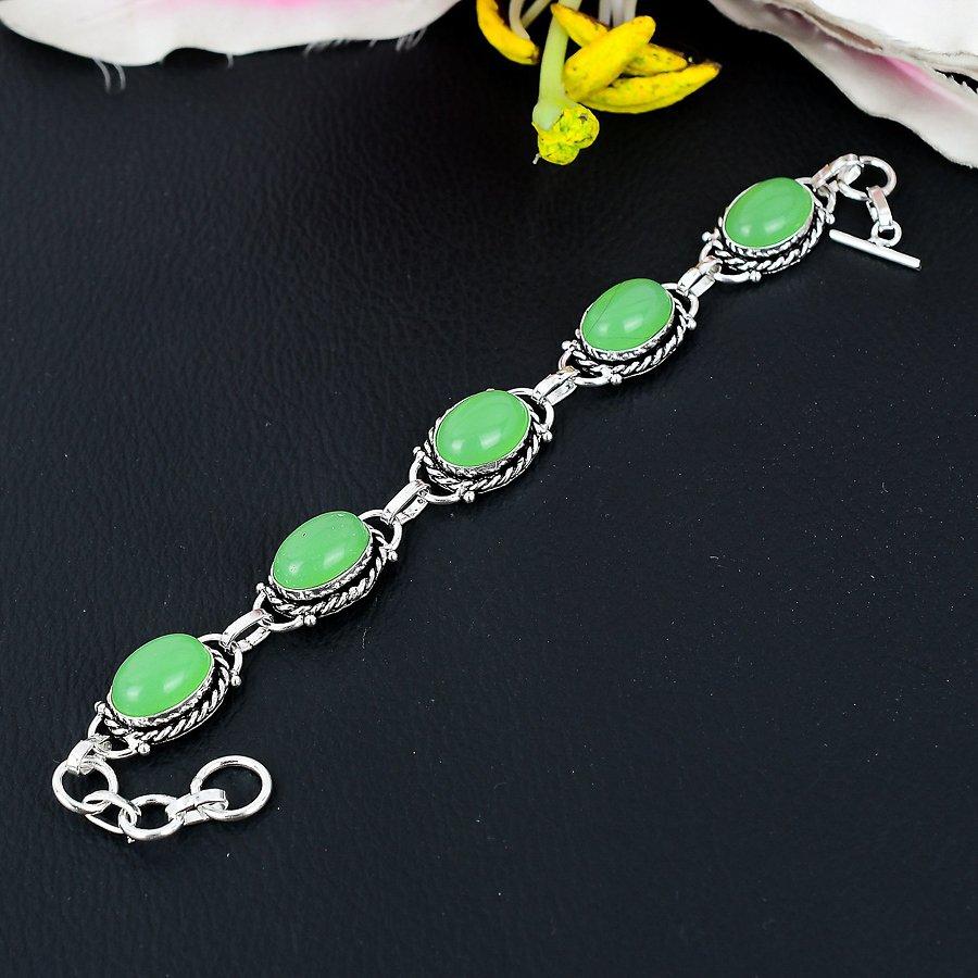 Green Chalcedony Gemstone Handmade 925 Sterling Silver Bracelet 7-8" KG-209