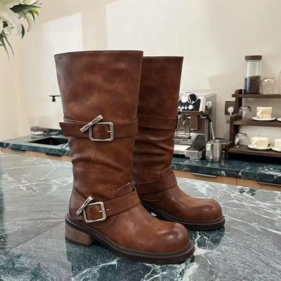[Fanfuna] 2025 осень новые охотничьи плиссированные тонкие полусапоги женские пустошь ветер пряжка рыцарские сапоги
