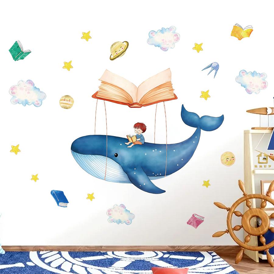 Adorable Whale & Child Reading Wall Decals - Educational Removable Vinyl Stickers for Kids' Room, Nursery & Book Home Decor