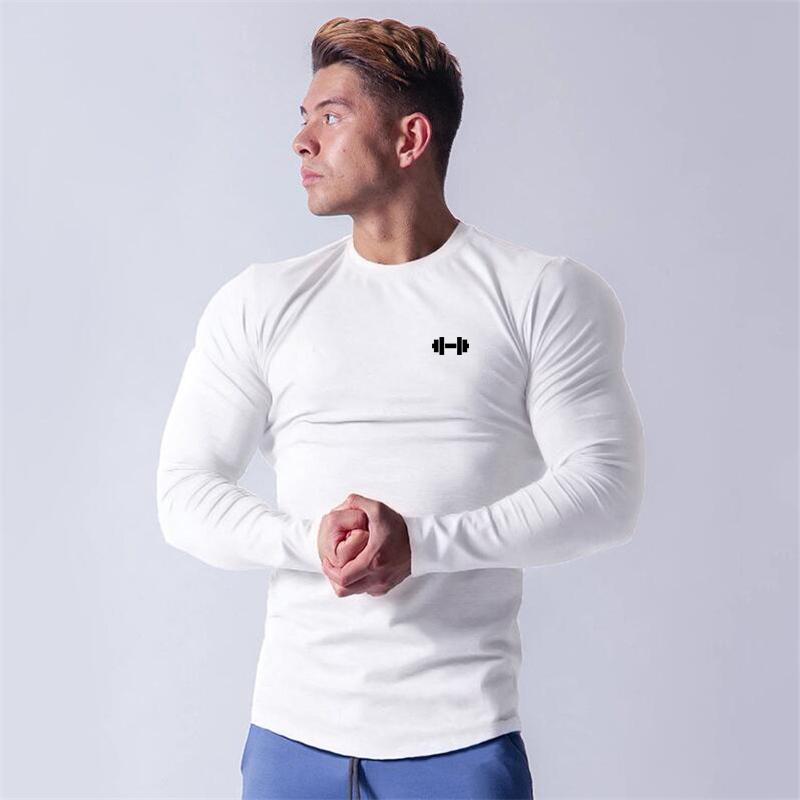 Muscleguys Осень Мужские Футболки с Длинным Рукавом для Бега с Круглым Вырезом Хлопковая Спортивная Одежда для Тренажерного Зала Приталенные Спортивные Футболки Футболки для Бодибилдинга Фитнес-Футболки