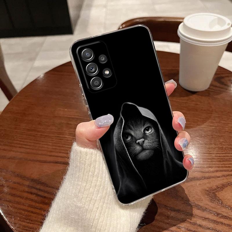 Черные Кошки Милый кот Для Samsung Galaxy A55 Чехол A54 A52 A53 5G A15 A14 A13 A21S A23 A51 A34 A35 A33 A32 A72 A71 Чехол для телефона Прозрачный