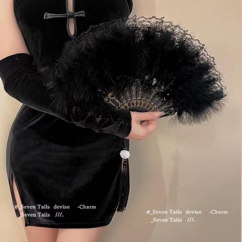 Веер Чонсам в древнем стиле с перьями и кружевом - Ретро китайский аксессуар для танца Ханфу.