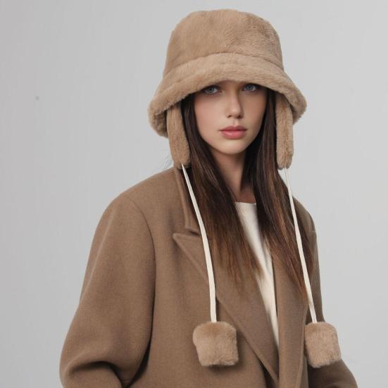 Plush Fisherman Hat with Detachable Ear Protection Windproof Rope Winter Hat Outdoor Activities Travel