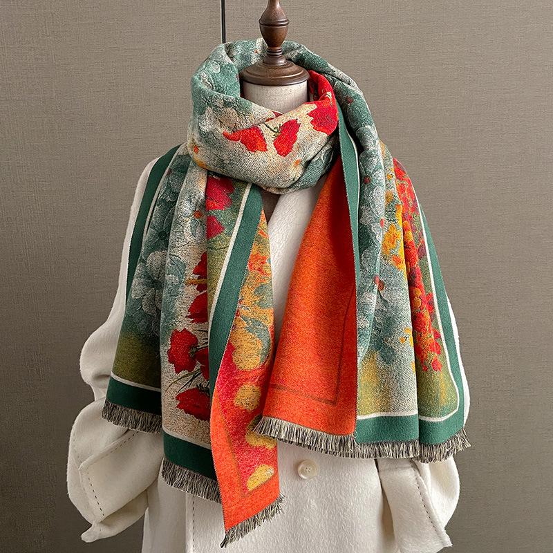 Fashion Imitation Cashmere Scarf Women's Ginkgo Biloba Double-sided Thickened Scarf In Autumn and Winter To Keep Warm Shawl