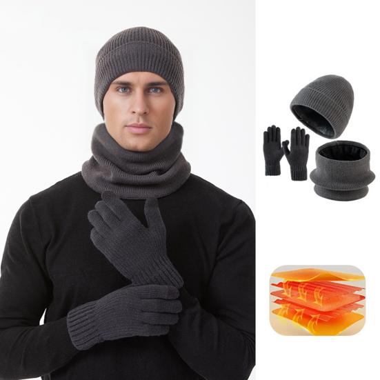 Yousheng 3Pcs/Set Winter Hat Scarf Gloves Set Solid Color Windproof Brimless Hat Neck Warmer Touch Screen Gloves Set