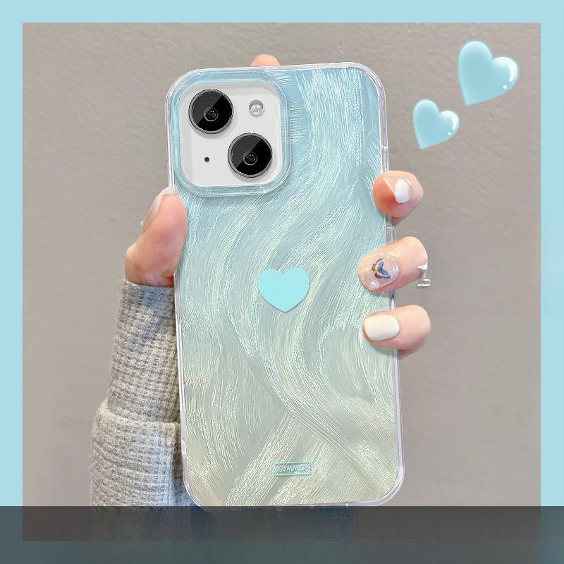 Applicable To Apple 15 Feather Yarn Mobile Phone Case Summer Iphone14pro Smudge Blue Love Invisible Bracket 13
