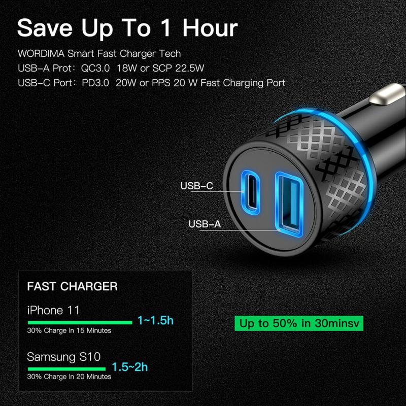 Автомобильное зарядное устройство USB Qc3.0 Двухканальное Адаптер Ультрабыстрой Зарядки Pd20w С Синим Мягким Светодиодным Индикатором Для