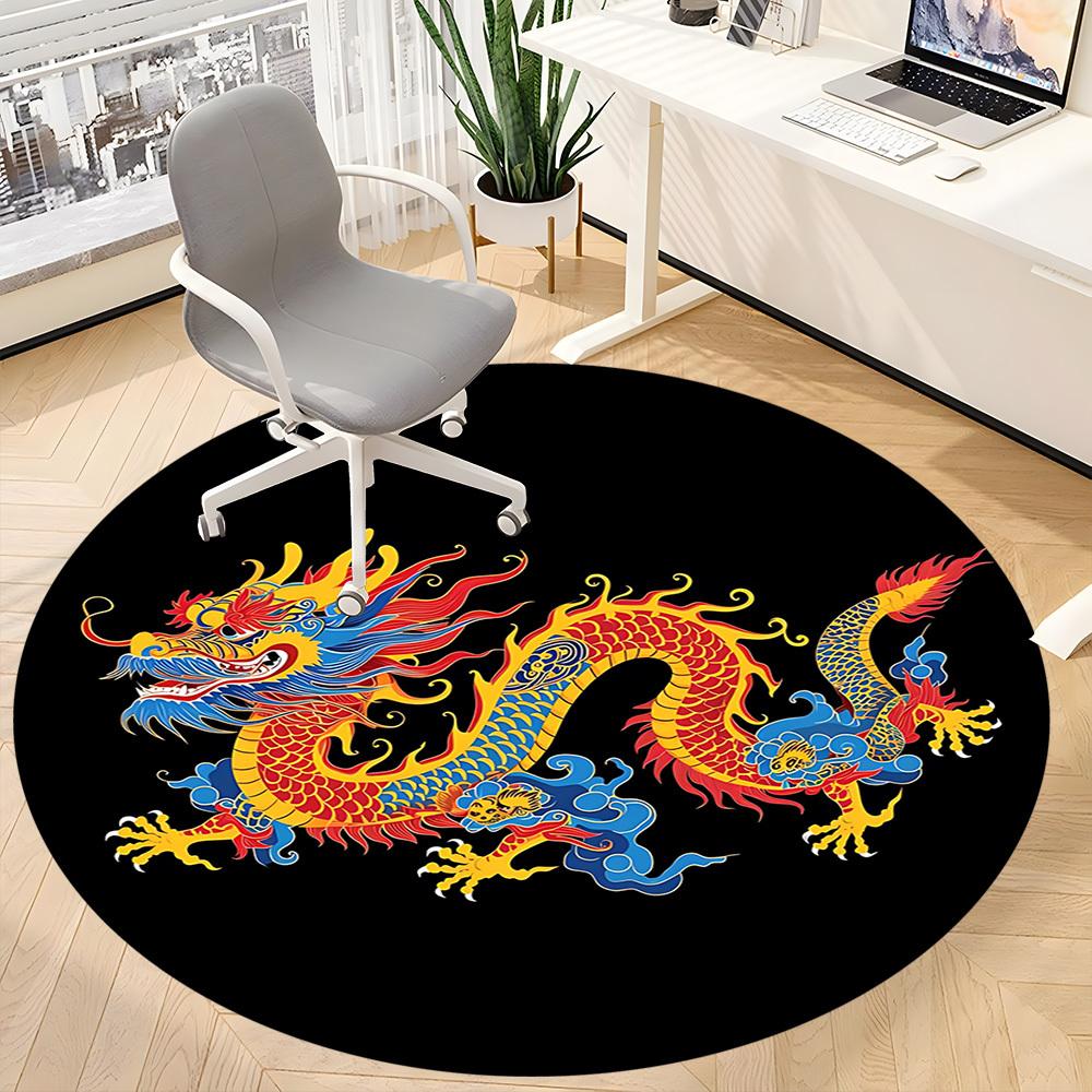 1pc Dragon Pattern Chair Carpet for Office, Round Non-Slip Durable Large Size Office Carpet, Suitable for Office, Beautiful Decoration