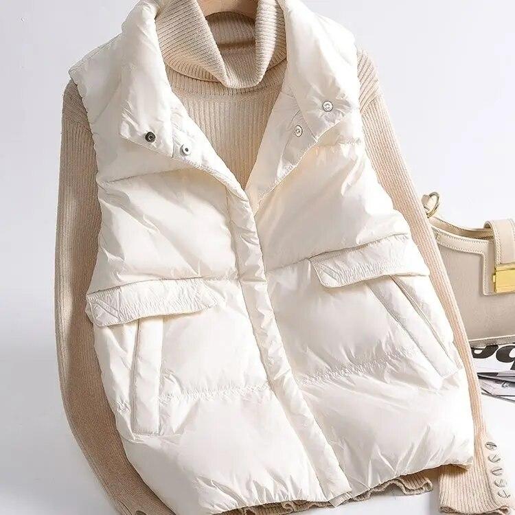 Осень-зима, тонкий пуховик, женский короткий теплый базовый однотонный воротник-стойка, свободный корейский жилет, повседневный жилет с карманами