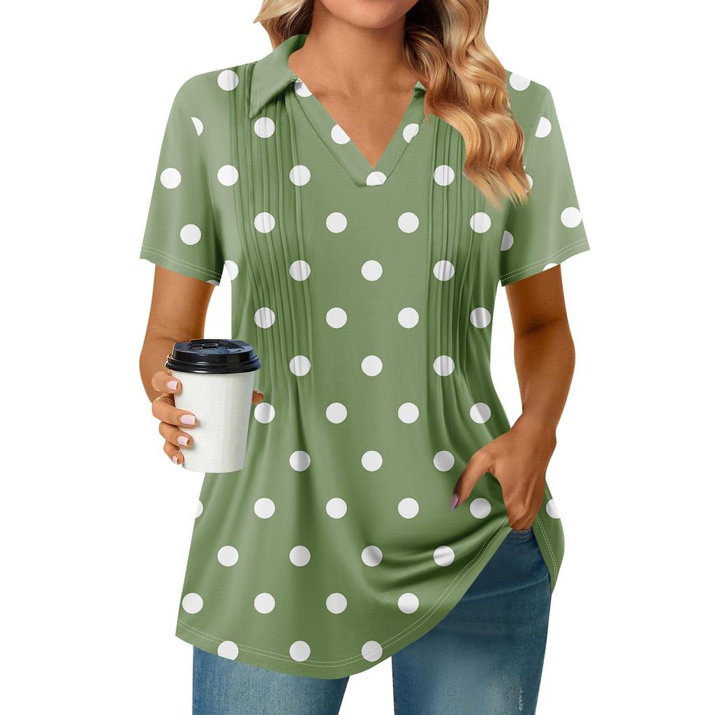 Женские футболки с коротким рукавом, плиссированные, с V-образным вырезом, с принтом, с воротником, летние топы, модные, деловые, повседневные, рабочие