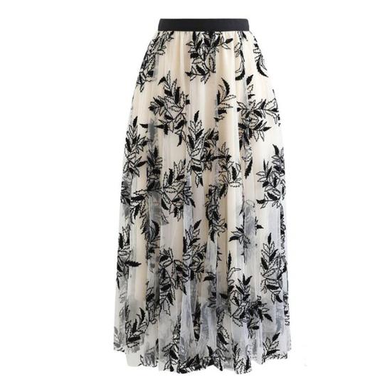 Women A-Line Skirt 3D Embroidered Leaf Print Double-Layered Mesh Tulle High Waist Midi Skirt