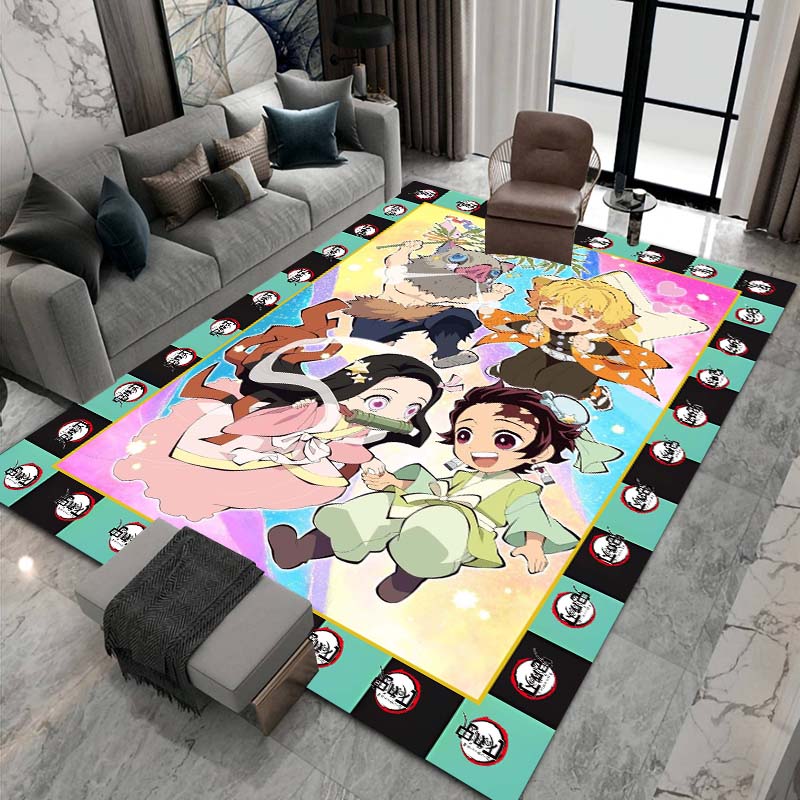 Cute cartoon Kimetsu no Yaiba rug, suitable for playrooms, bedrooms, living rooms, sofas, and other home décor; non-slip rug for