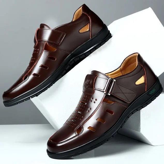 Men Sandals Summer Cozy Hollow Non-slip Soft Cool Lighted Breathable All-match Classic Wearable Fashion Casual Leather Sandals