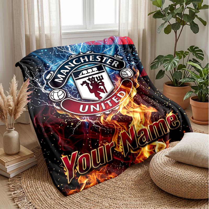 Manchester United Custom Name Text Flannel Blanket Soccer Logo Personalized Fleece Throw Blanket Special Gift For Sofa Bedroom Home
