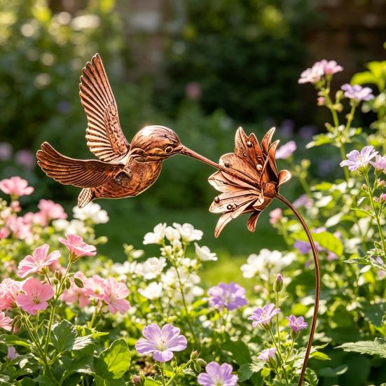 Weatherproof Metal Yard Inserts Wrought Iron Hummingbird Flower Garden Stake, Decorative Art, Art Decorations Anti-Rust Decor Sign for Balcony