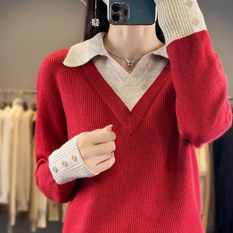 Women's Fall/Winter Maillard with a Wool-blend Fake Two-piece Shirt Collar Knit Rollover Pullover Sweater