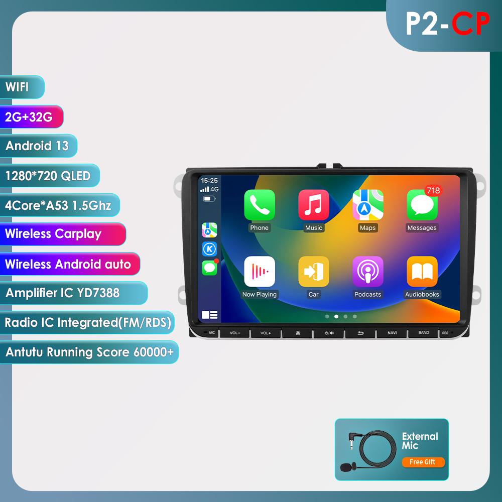 Hizpo Carplay 4G 9 дюймов 2Din Android 13 автомобильный мультимедийный проигрыватель для Volkswagen Skoda Octavia Golf 5 6 Touran Passat Polo Jetta интеллектуальное авторадио