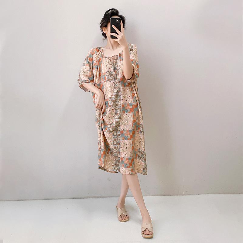 1011 new cotton and silk nightdress women's high-end printing short-sleeved long dress large size thin can be worn outside loungewear