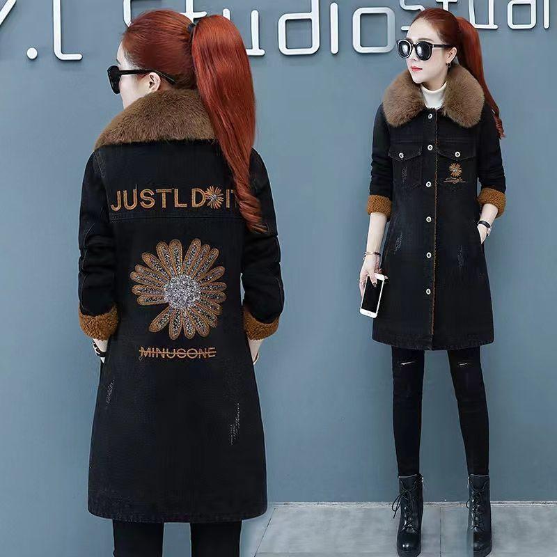 Denim Plus Velvet Jacket Women's Winter Big Fur Collar Mid-length Lamb Fleece Stitching Cotton-padded Jacket Thick Cotton-padded Jacket Women