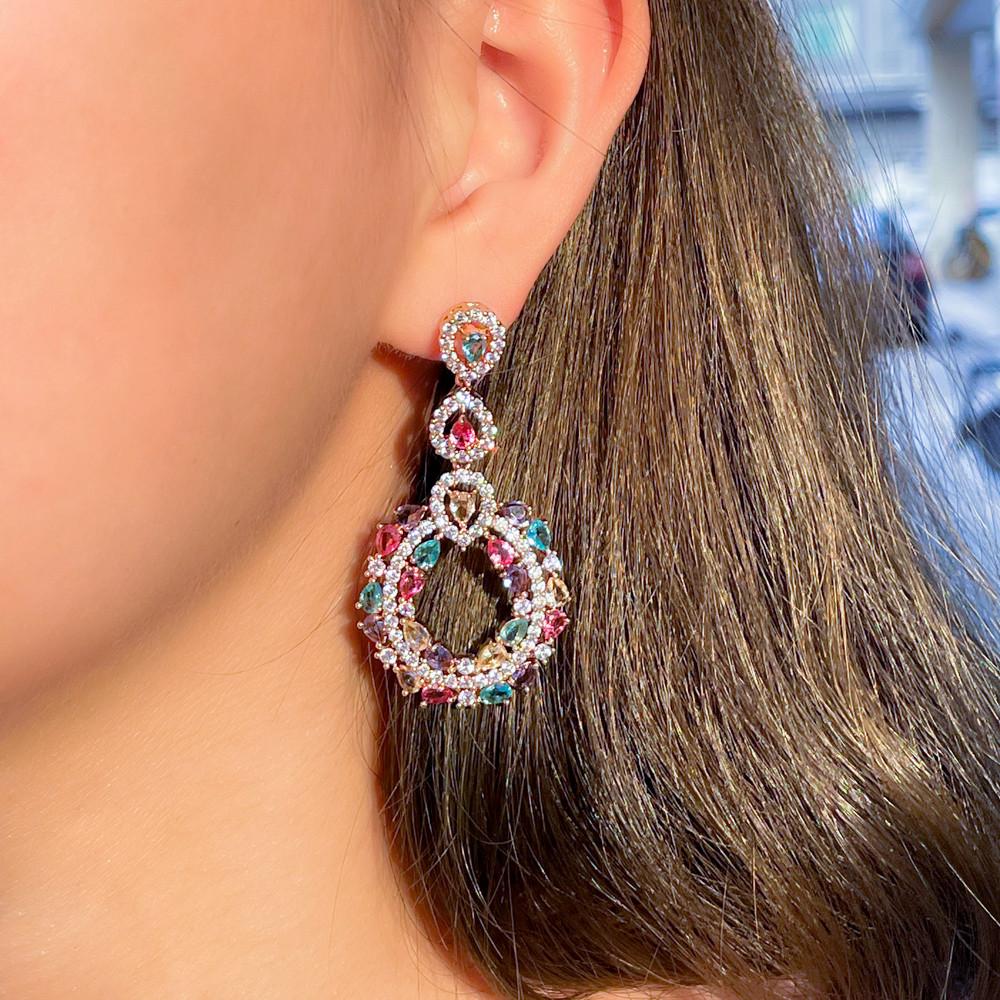 Элегантные длинные серьги-капли CMM в богемном стиле с многоцветным цирконием