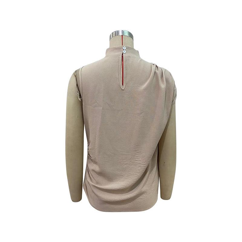 Женская простая блузка с плиссированным коротким рукавом, светло-абрикосовая рубашка с полувысоким воротом