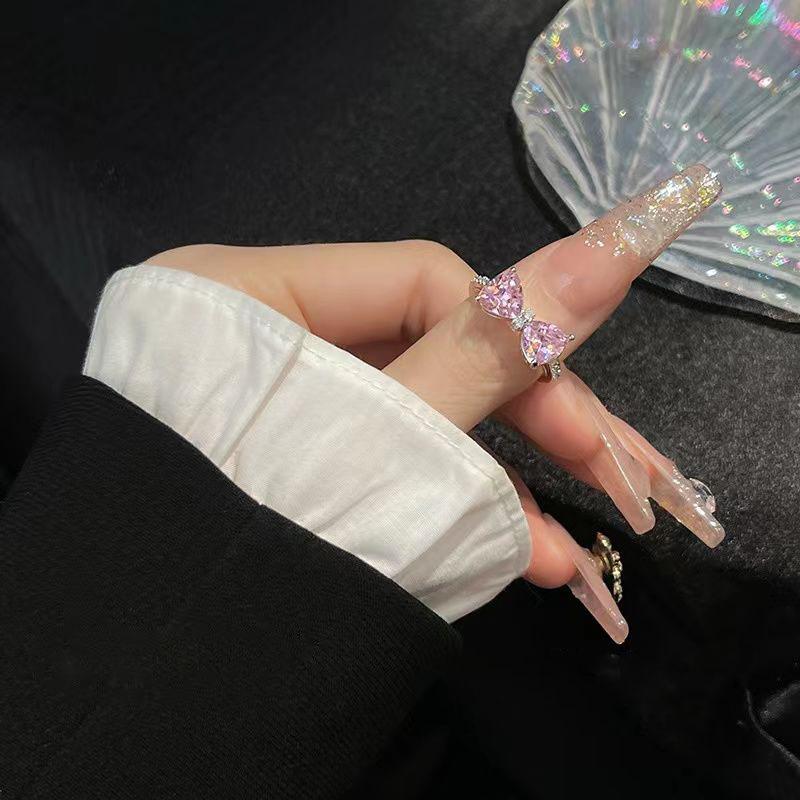 Y2K Pink Crystal Bowknot Zircon Rings for Women Fashion Sweet Lovely Girl Open Adjustable Ring Kpop Party Jewelry Gift 2023