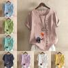 Women's Fashion Round Neck Short Sleeve T-shirt Casual Cotton Linen Graphic Shirt Elephant Prined Summer Blouse Tops Plus Size