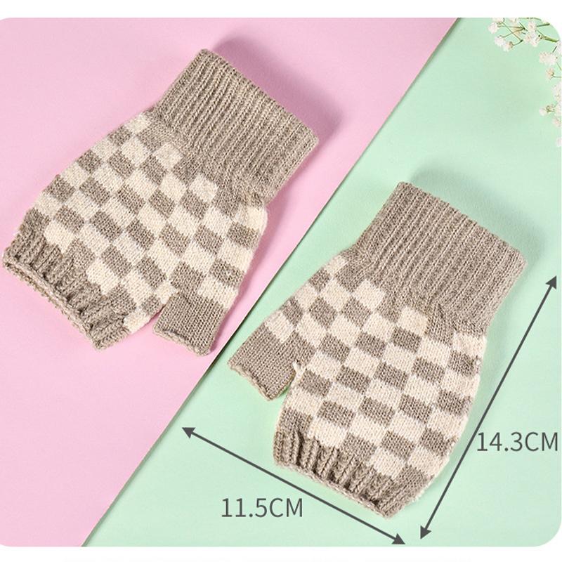 Теплые перчатки трикотажные клетчатые морозостойкие перчатки с половиной пальца для женщин зимние